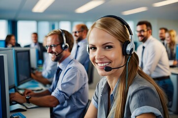 Smiling blonde call center operator in a professional outfit with headset works in a lively blue office.
