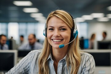 Blonde woman in a smart outfit, headset on, smiles while working as a call center agent in a busy blue office