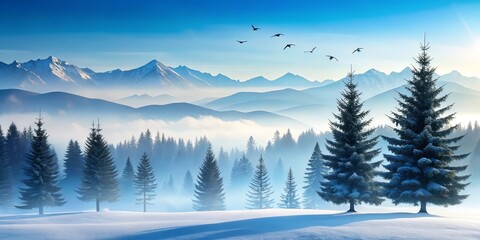 Obraz premium Winter Wonderland Snowy Mountain Landscape with Fir Trees and Birds in Flight, winter, nature