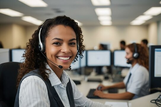 Professional dark skin curly hair woman with headset handles calls in a blue office, smiling as she assists clients.