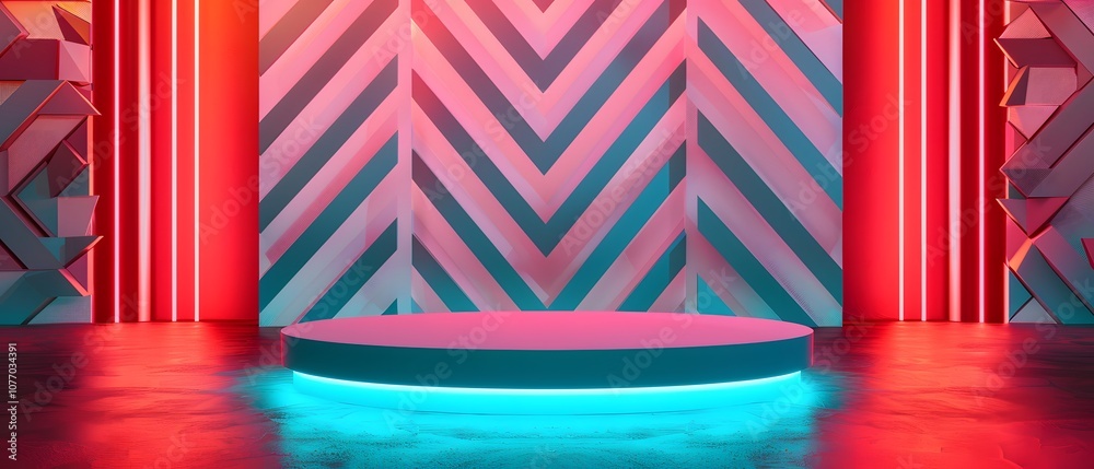 Poster modern stage design with neon lights and geometric patterns for creative events, presentations, and 