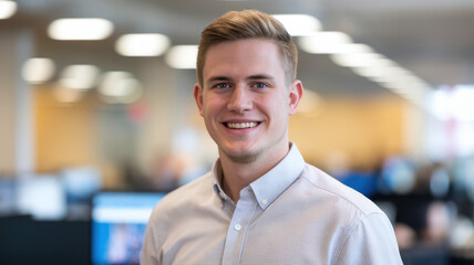 Fototapeta premium A young Caucasian man in a light blue shirt smiles confidently in a modern office environment, embodying a professional and friendly demeanor.
