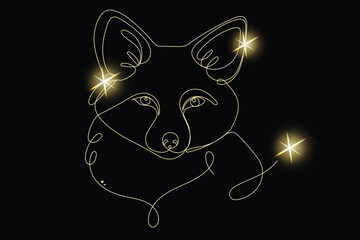 Line Art Fox Animal with Gold Glitter Stars. Luxury Rich Glamour Invitation Card Template. Fox Pet Isolated on Black. Shine Gold Light Texture Effect. Glowing Blink Star Symbol Element Gift.	
