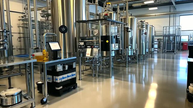 A large industrial bioprocessing facility with multiple stainless steel bioreactors, surrounded by a maze of pipes and gauges. The polished metal of the tanks contrasts with the sl