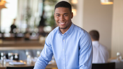 Obraz premium Smiling Black male waiter wearing a blue shirt, presenting a welcoming atmosphere in a modern restaurant setting.