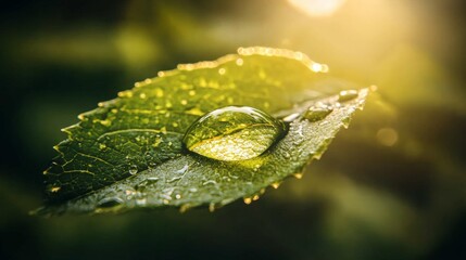 Water Droplet on Leaf, a delicate droplet glistens in sunlight, showcasing the vibrant greens of the leaf and the intricate patterns of nature's design.