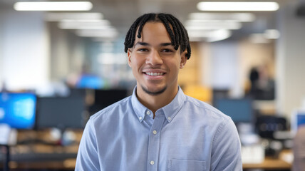 Fototapeta premium A young Black male professional smiling confidently in a bright office environment, showcasing a welcoming demeanor and modern workspace.