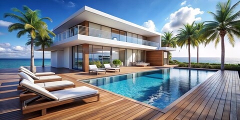 Fototapeta premium Modern Tropical Villa with Infinity Pool and Ocean View, Luxury, Vacation