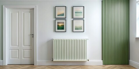 Fototapeta premium Modern Minimalist Interior Design with White Doors, Green Wall, and Framed Artwork, Interior Design, Home Decor