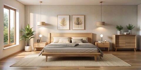Minimalist Bedroom Interior Design with Wooden Bed, Neutral Colors and Natural Light, bedroom interior , minimalist design