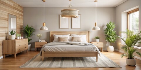 Fototapeta premium Minimalist Bedroom Design with Wooden Elements and Natural Light, Interior Design, Bedroom Decor ,bedroom, minimalist