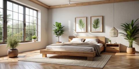 Minimalist Bedroom Interior Design with Wooden Bed and Plants, Bedroom Design , Interior Design