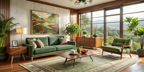 Fototapeta premium Mid-Century Modern Living Room with Green Sofa and Mountain View, Interior Design, Home Decor ,midcentury modern, living room