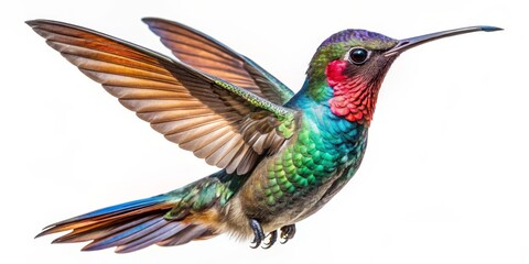 Fototapeta premium Hummingbird in Flight Vibrant Green and Red Plumage Against a White Background, bird, hummingbird