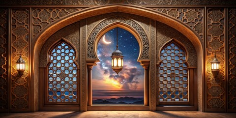 Obraz premium Islamic Architecture with Intricate Carving and Starry Night View, Ramadan, Islamic Art