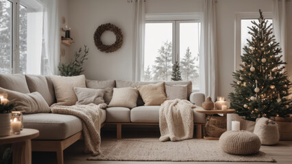 Fototapeta premium A living room decorated in Nordic style with a simple pine tree, handmade wooden ornaments, and cozy textiles in neutral tones.