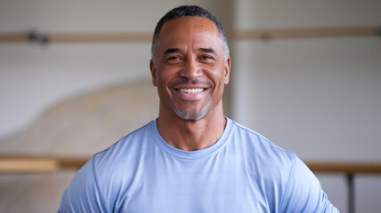 Obraz premium Smiling African American man in a light blue athletic shirt, showcasing confidence and positivity in a fitness studio setting.