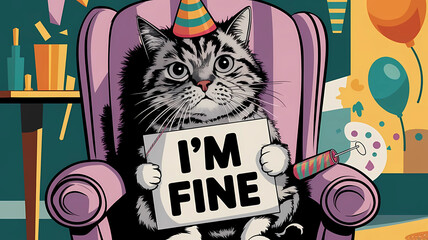 Funny cat with the inscription. I'm fine. Animal art.