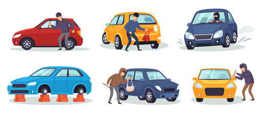 Car theft. Burglars stealing cars, drive stolen auto, thieves break glass and breaking into vehicles to steal bag. Car crime cartoon vector illustration set.