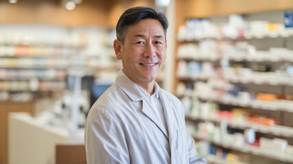 Obraz premium Male pharmacist smiling in a modern pharmacy, wearing a white coat, surrounded by shelves of medications and health products.