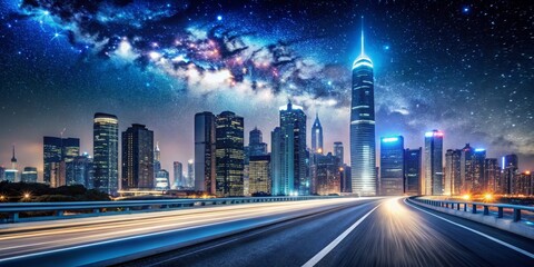 Fototapeta premium Cityscape with Starry Sky and Speeding Cars, Night Photography, Urban Landscape ,cityscape, night photography