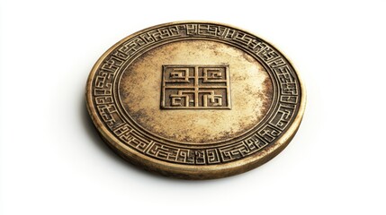 Antique coin with intricate design, isolated on a white background.