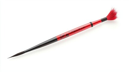 Art brush with a red handle, isolated on a white background.