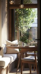 Fototapeta premium Cozy Corner Dining Area with Small Table and Cushions