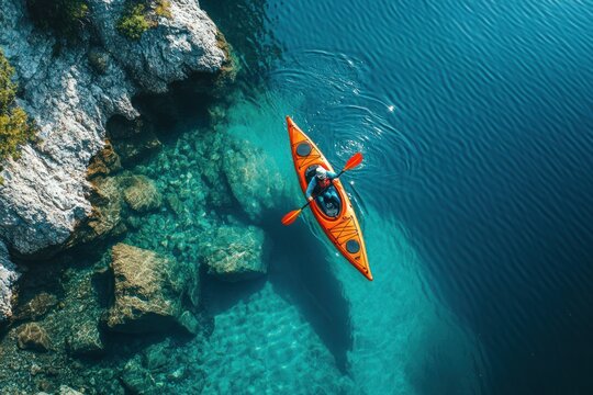 Kayaker Paddling in Turquoise Water with Rocky Shoreline