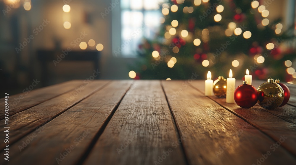 Aufkleber soft candlelight illuminates a rustic wooden table adorned with ornaments, setting a warm holiday at