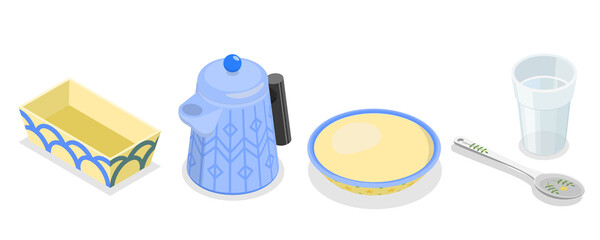 3D Isometric Flat  Set of Kitchen Utensils In Retro Style, Decorative Plate or Dish