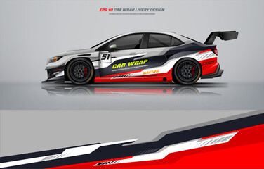 Obraz premium Universal Simple Racing Car wrap livery design, Racing Car branding with racing wrap decal or livery design with a black and white racing color combination.