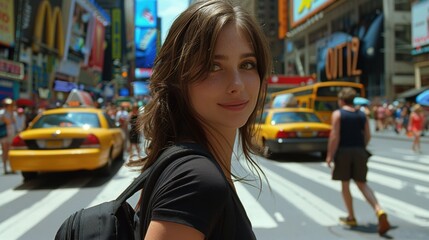 Captivating portrait of a woman standing amidst the bustling energy of an urban street filled with...