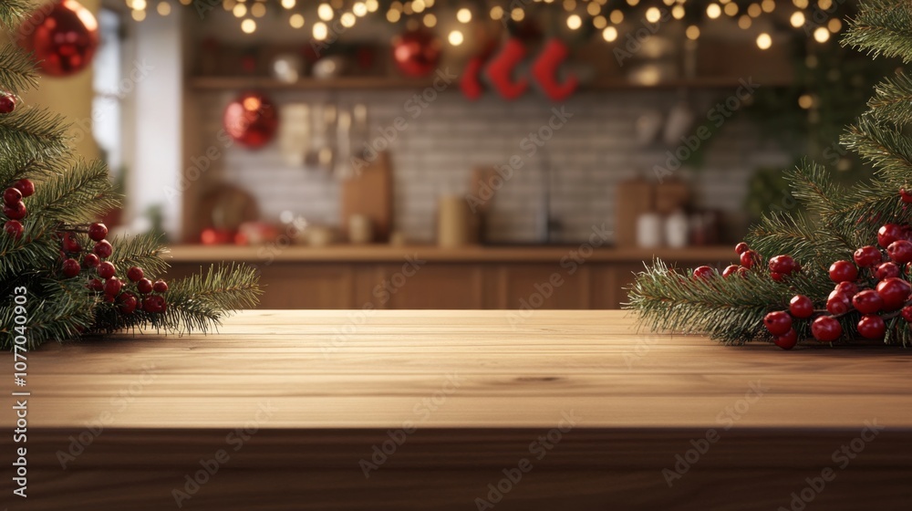 Poster a wooden table sits in front of a blurred background of a kitchen decorated for christmas. the table