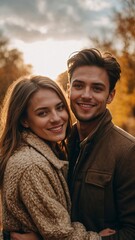 Fototapeta premium Smiling couple in cozy autumn attire enjoying golden hour outdoors in a picturesque forest setting