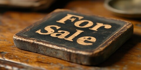 A rustic wooden sign with the text For Sale placed on a wooden surface, evoking a vintage and nostalgic feel in a warm and inviting setting