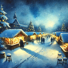 Aquarell eines festlich erleuchteten Weihnachtsmarktes mit Schnee in der Nacht
