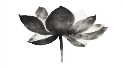 Black and white ink painting of a lotus flower on a white background.