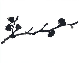 Black ink illustration of a blossom branch on a white isolated background.
