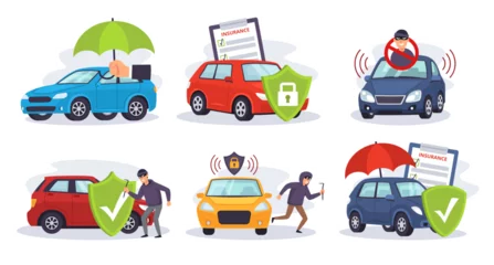 Gardinen Car protection. Vehicle protected by auto insurance umbrella and anti theft security shield. Safeguarding against theft and damage, car alarm cartoon vector illustration set. © WinWin
