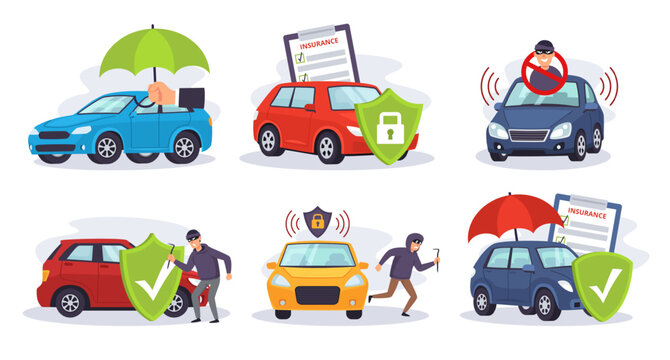 Car protection. Vehicle protected by auto insurance umbrella and anti theft security shield. Safeguarding against theft and damage, car alarm cartoon vector illustration set.
