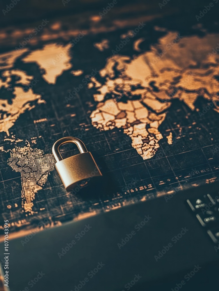 Poster padlock placed on a keyboard in front of a world map representing global cybersecurity and data prot