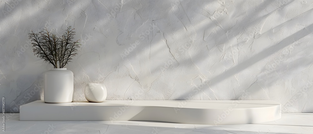 Poster Minimalist White Display with Smooth Surface and Decorative Pots Surrounded by Soft Natural Light and Shadow on Textured Wall