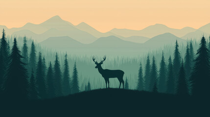 Silhouette of deer in dense forest with mountains at sunset