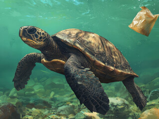 Endangered turtle swimming in murky water, encountering plastic waste