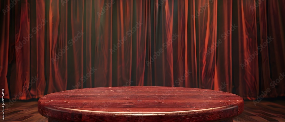Poster Elegant wooden stage with rich red curtain backdrop creating an inviting atmosphere for performances, presentations, or events in a theatrical setting