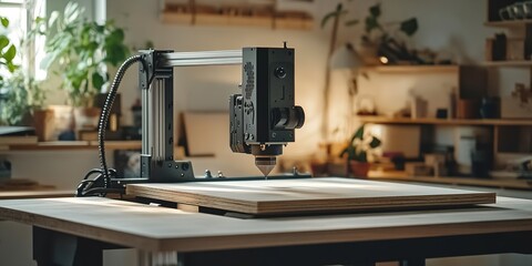 Fototapeta premium 3D printer on desk in creative workshop environment