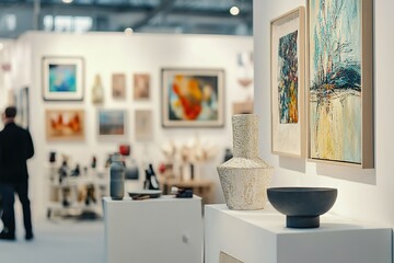 Art exhibit showcasing paintings and pottery with visitor browsi