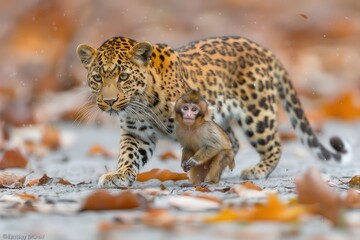 Obraz premium A mother leopard is walking with her baby