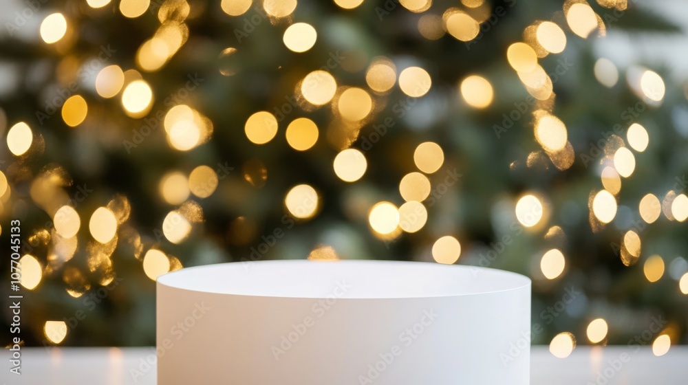Poster a white, cylindrical object sits on a white surface in front of a blurred background of a christmas 